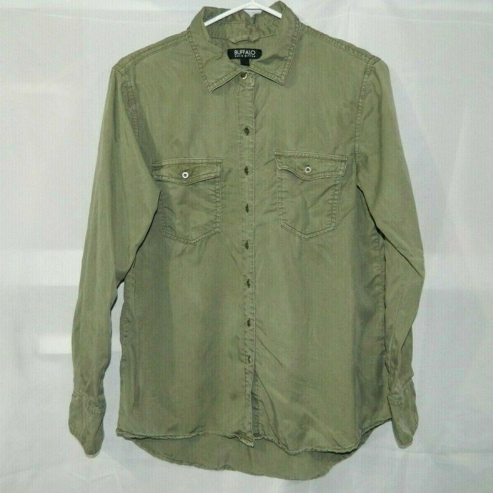 Buffalo David Bitton Khaki Green Button Front Blouse Womens S